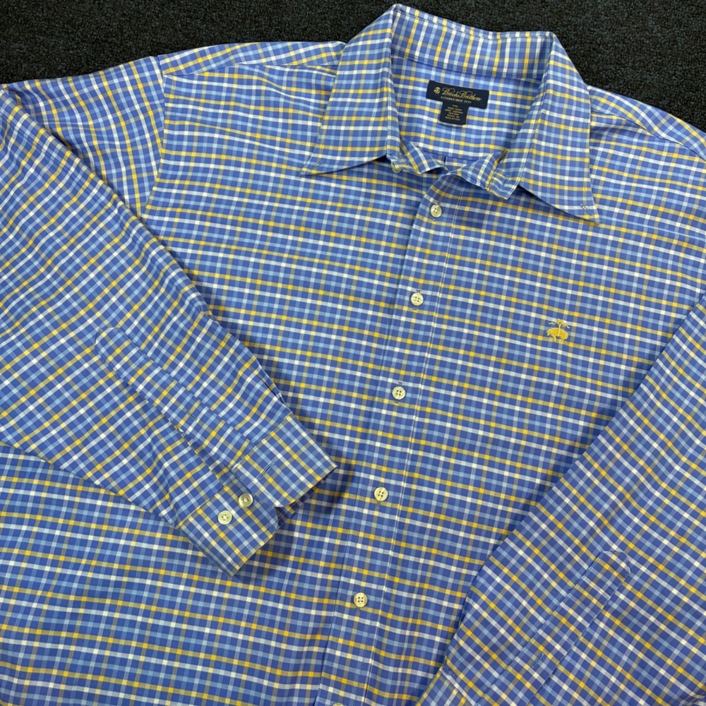 Brooks Brothers Shirt 2XL Blue Non Iron Supima Cotton Plaid Check Button Down